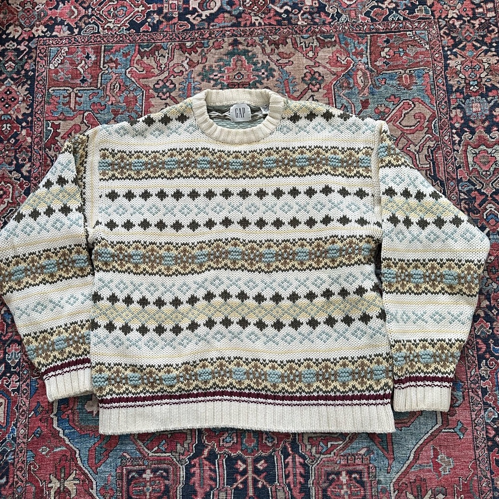 Vintage GAP Men's Cream Multicolor Fair Isle Crewneck Sweater Size M